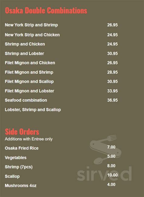 Menu of Osaka Japanese Steak House & Seafood